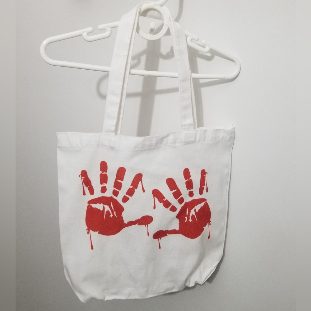 EUC quirky tote bag with design of bloody handprints